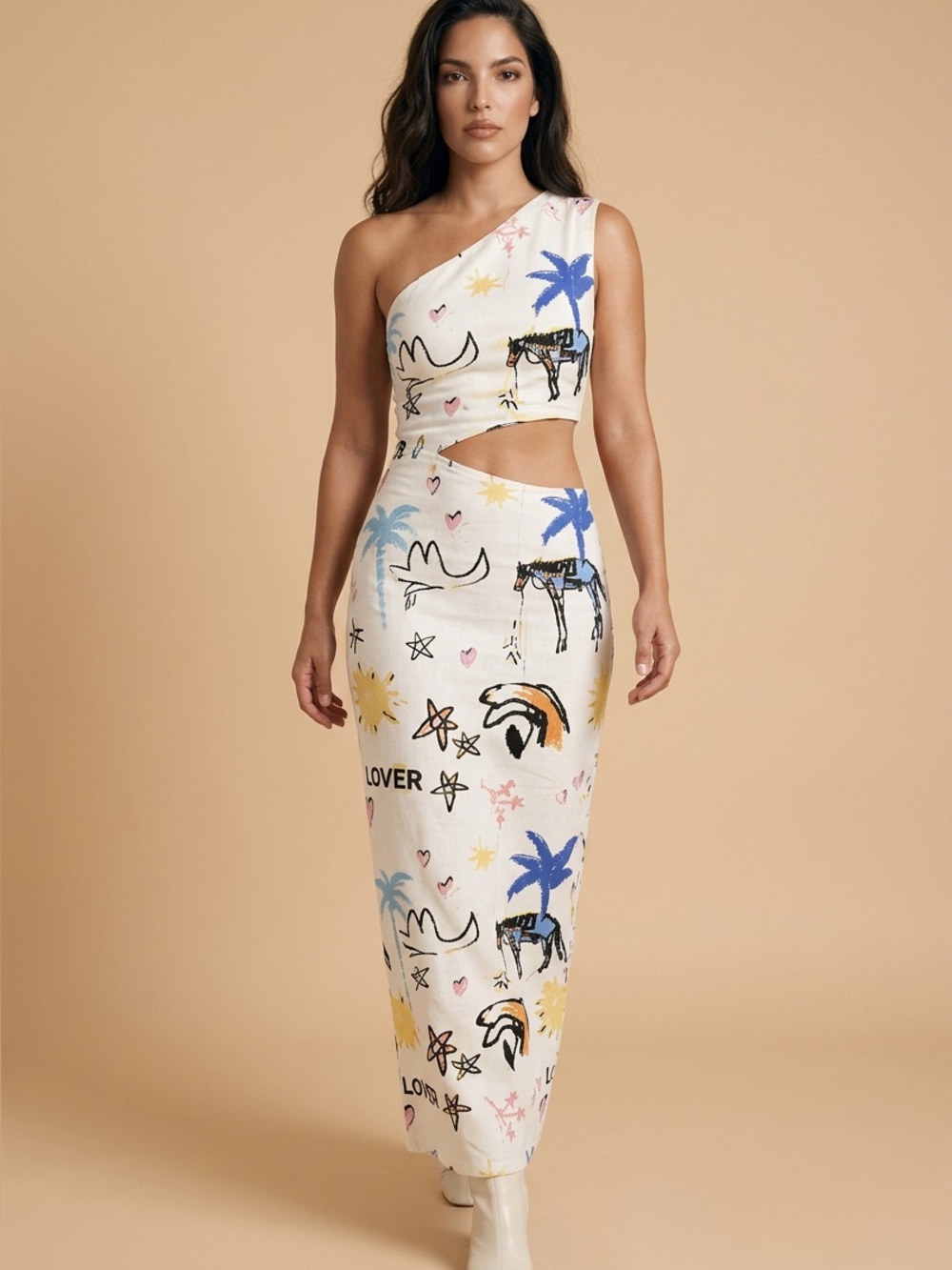 ROMY LOVER One-Shoulder White Printed Cutout Maxi Dress Women’s size large nwt